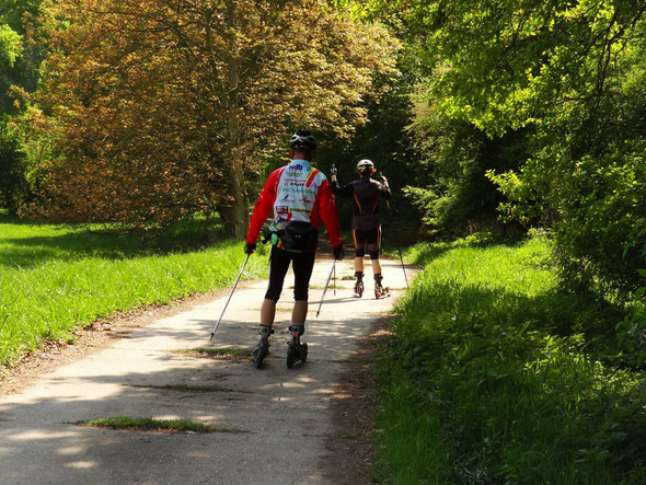 Cross-Skating auf rauen Betonwegn im Naturschutzgebiet Kühkopf (Südhessen) - (Sport, skaten, Inliner)