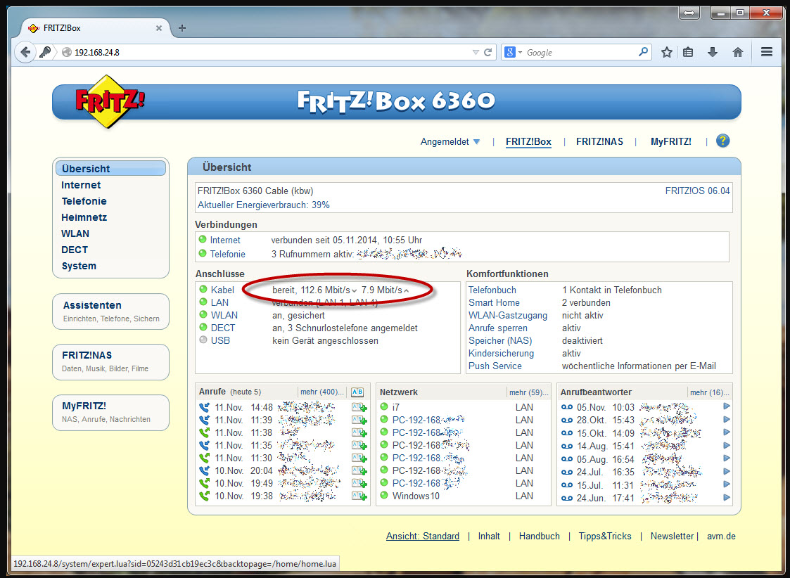 Kann man auf der fritz.box Seite nachschauen, wieviel MBit/s Up und Download man hat?