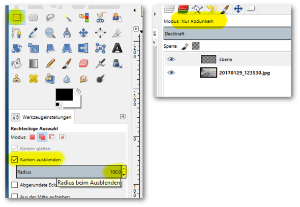 links: rechteckige Auswahl, rechts transparente Ebene (Modus!) - (Bildbearbeitung, GIMP, Vignette)