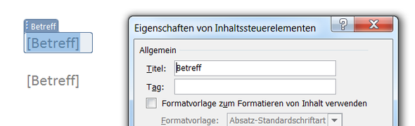 Eigenschaften von Inhaltssteuerungselemente - (definieren, Textfeld, duplizieren)