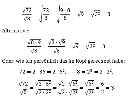 Wie Kann Ich Im Kopf Wurzel Von 72 Durch Wurzel Von 8 Rechnen Bzw Ohne Taschenrechner Mathe Division