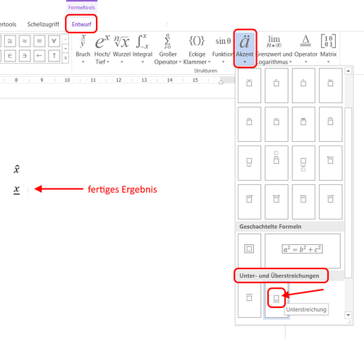 Bild 2: Akzent → Unterstreichung - (Microsoft Word, X)