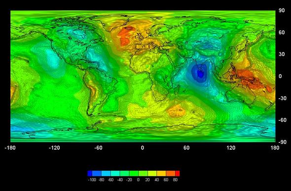Geoid-Karte mit den Gebieten unterschiedlicher Schwerkraft - (Physik, Geografie, Erde)