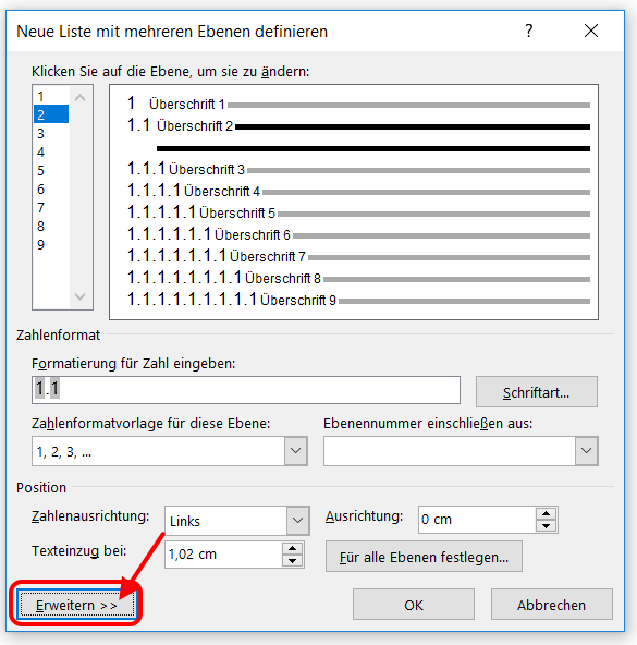 word überschrift 2 nummerierung 1.1