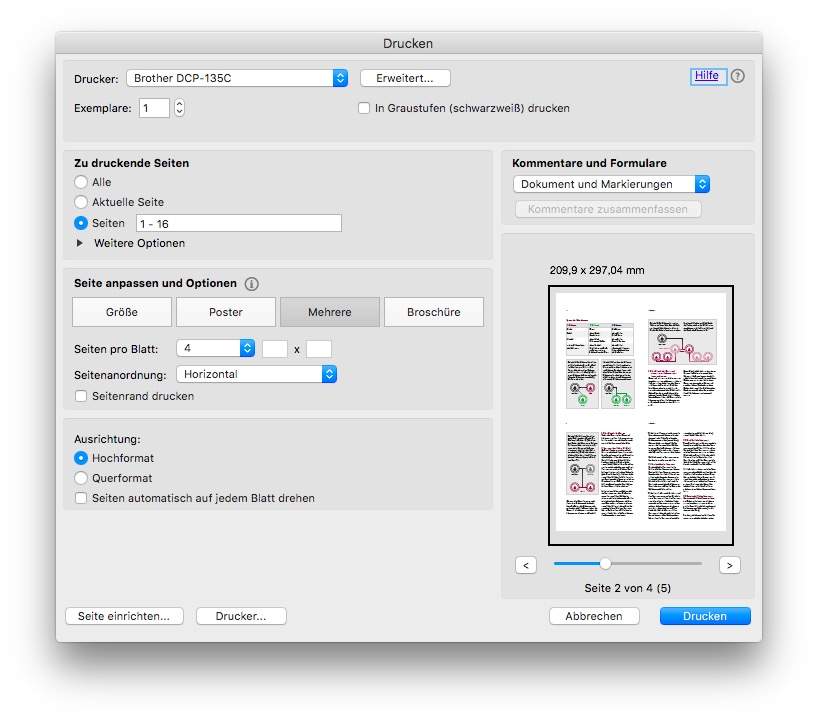Mehrere Seiten auf einer Seite mit Macbook drucken? (PDF)