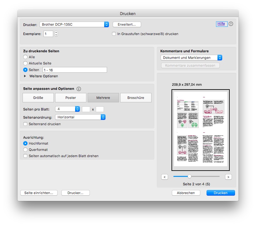 Mehrere Seiten auf einer Seite mit Macbook drucken? (PDF)
