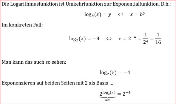 Logarithmus zur Basis 2 von x ist gleich minus 4? (Schule, Mathematik, nach x auflösen)