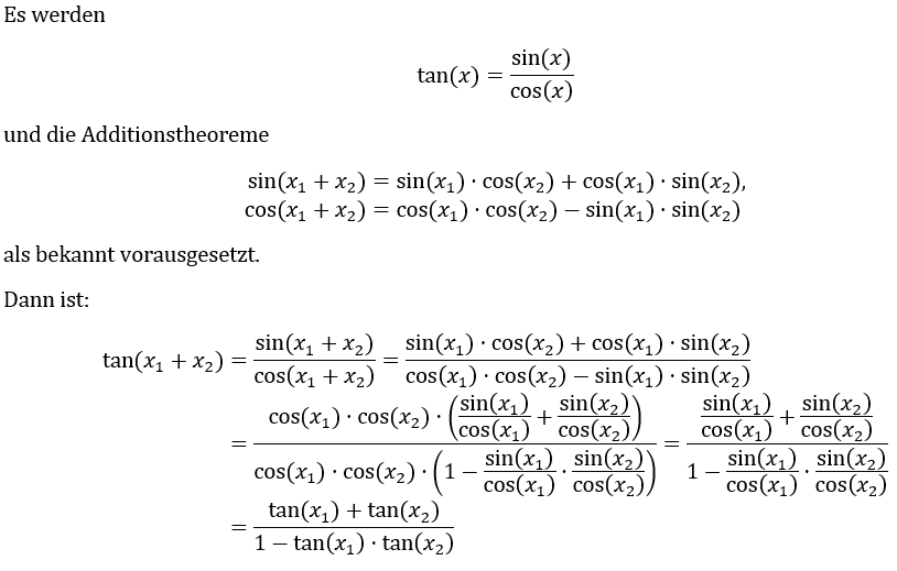 Die Aufgabe lautet: Zeigen Sie Tan ( x1 x2) =tanx1 tanx2/1-tanx1*tanx2 ...