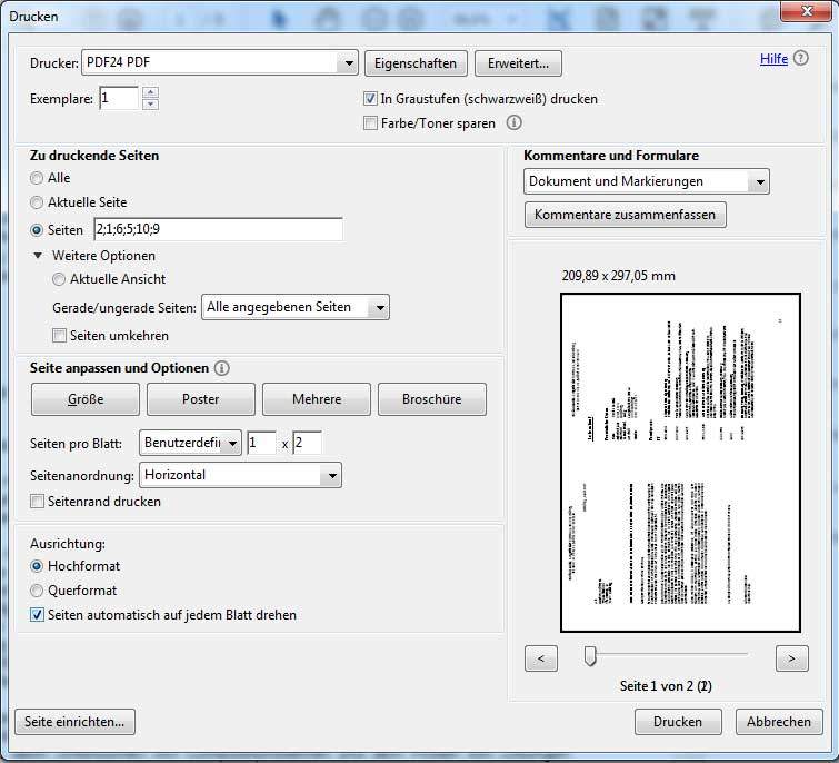 PDF beidseitig bedrucken mit zwei Seiten pro Blattseite? drucken)