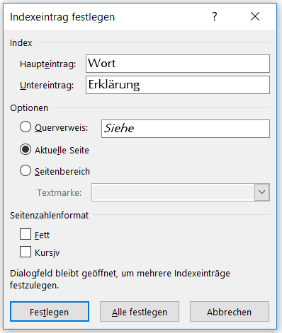 Ein Indexeintrag mit Haupteintrag, Untereintrag und Seitenzahl - (Computer, Microsoft, Microsoft Word)