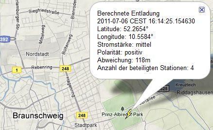 Beispiel Blitzkarte, Ausschnitt für einen Blitz in Braunschweig am 6. Juli 2011 - (Versicherung, Schaden)