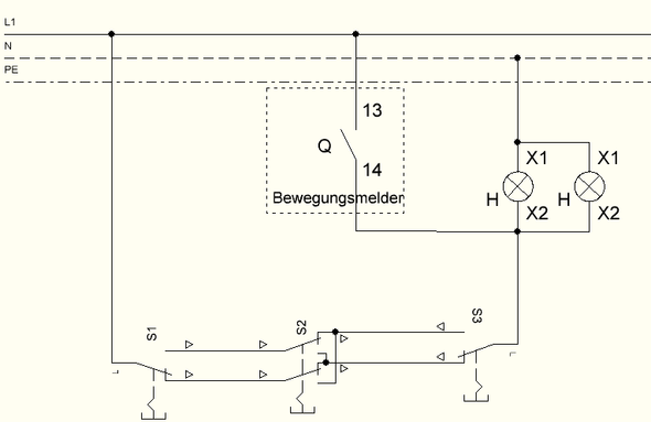 Schaltplan 2 Lampen 1 Bewegungsmelder Mit Schalter Fur Dauerlicht