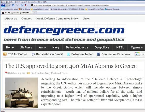 Griechenland kauft 400 US-Panzer 3.Okt2011 - (Politik, Euro, Griechenland)