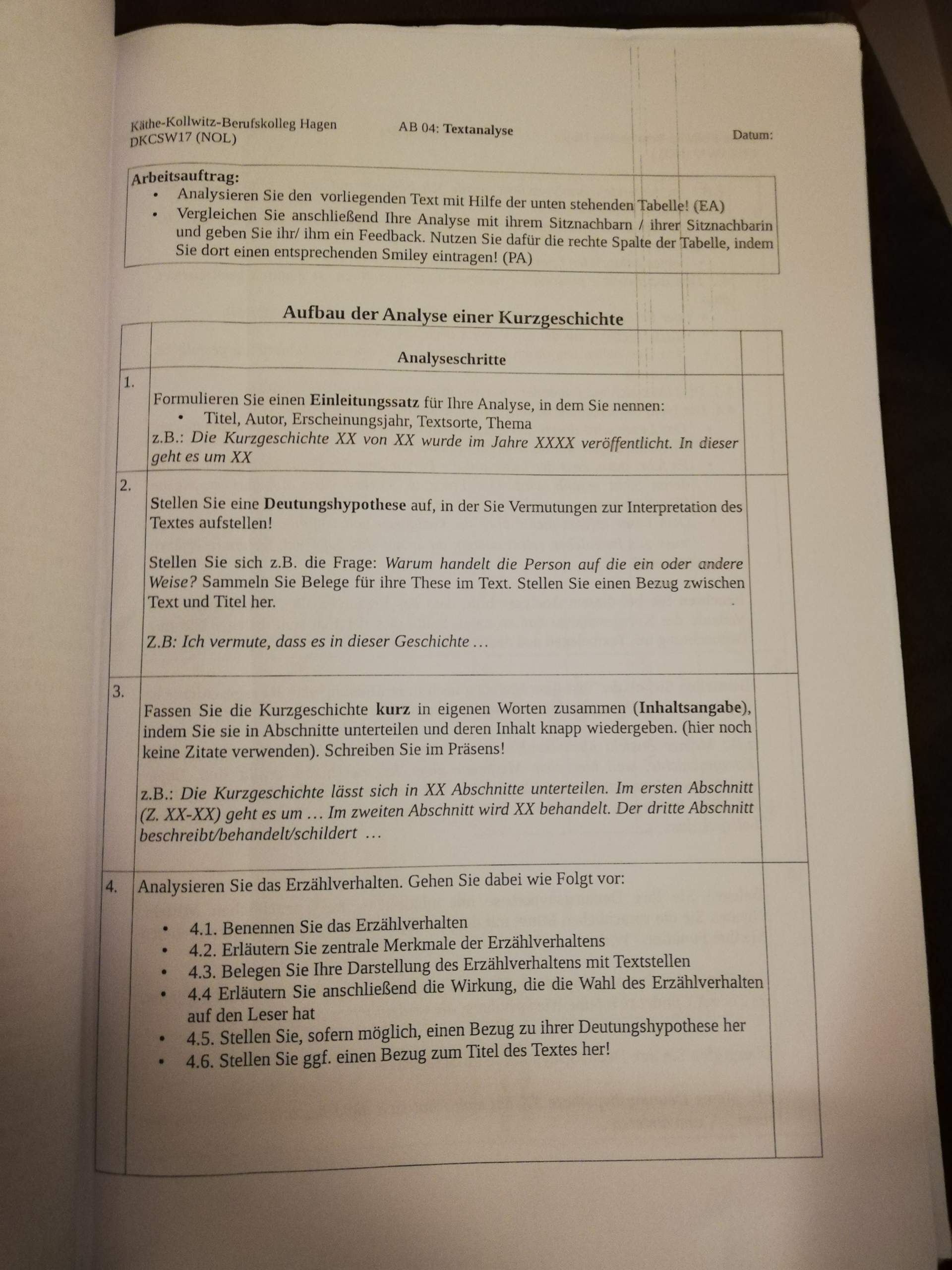 Wie Schreibt Man Eine Kurzgeschichten Analyse Kurzgeschichte Analyse Beispiel Text? (Schule, Deutsch)