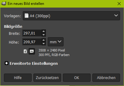 Wie erstellt man in Gimp ein Bild in Din-A4 und hochformat? (Computer)