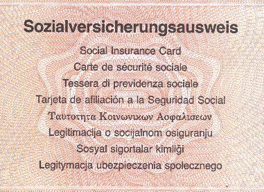 Vorderseite des Sozialversicherungsausweises - (Beruf, Sozialversicherung, Sozialversicherungsnummer)