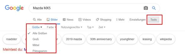 google bildersuche nach genauer Pixel größe? (Bilder)