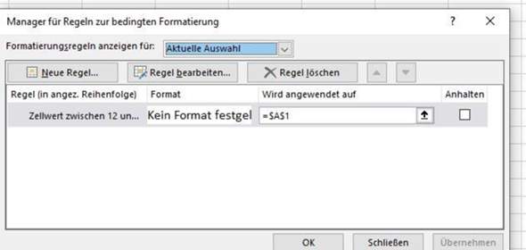 Excel 2016: Bedingte Formatierung, wenn Bedingung in anderer Spalte