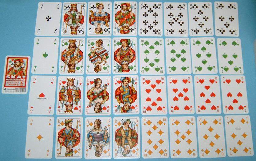 Wie viele Pik Karten, rote Karte, König und roter Bube hat ein Skatspiel (32Karten)? (Mathe)