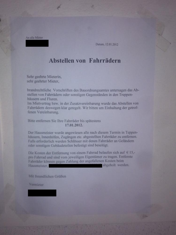 das abstellen von fahrrädern im hausflur is verboten