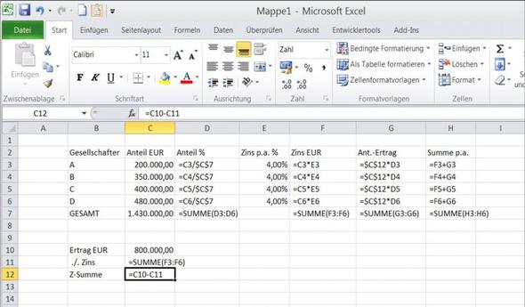 Gewinnverteilung Excel Bwr Verhaltnisrechnung