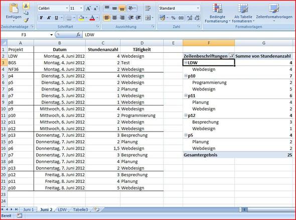 Pivot-Tabelle mit Projektsummen (für LDW, Proj.10, Proj.11, Proj.12, Proj.05) - (Microsoft Excel, Formel, Datenauswertung)