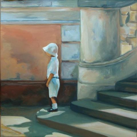 Junge auf Treppe mit Sonnenlicht - (Kunst, malen, Malerei)