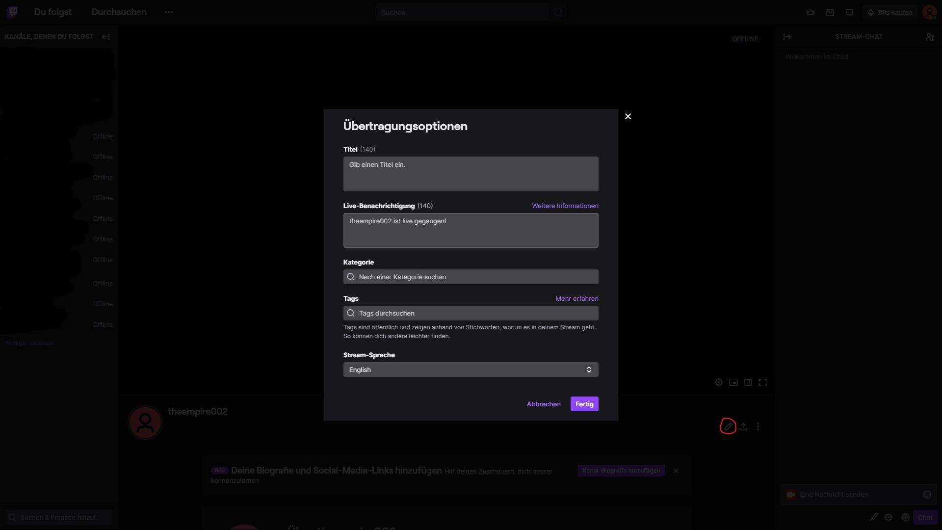 Wie erstellt man einen Titel in twitch live streams? (Computer, Musik ...