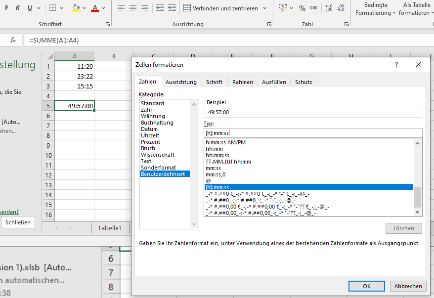 Arbeitsstunden im Uhrzeit Format in Excel als gesamt Stunden ...