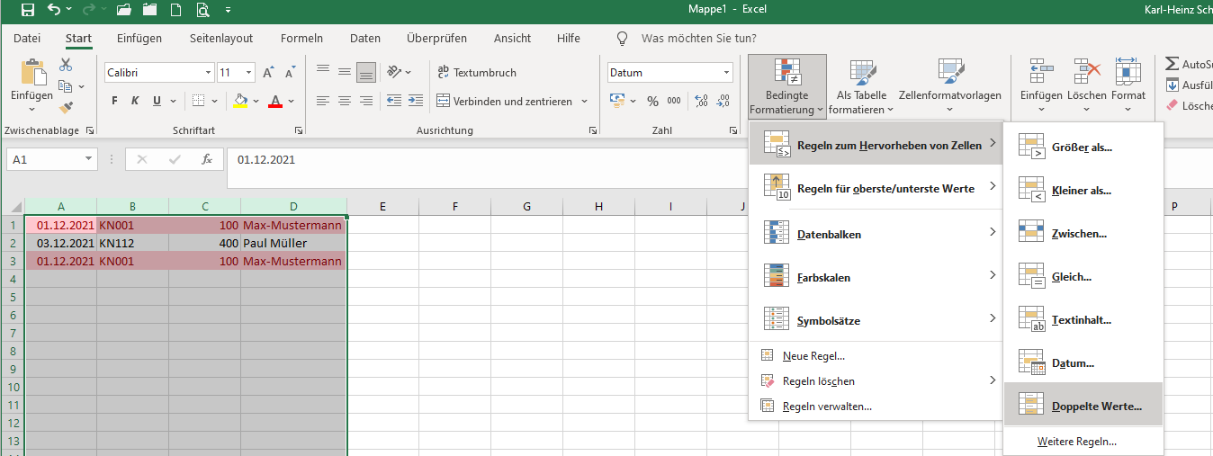 Doppelte ZEILEN in Excel/Google Sheets markieren? Formel, Microsoft Excel)