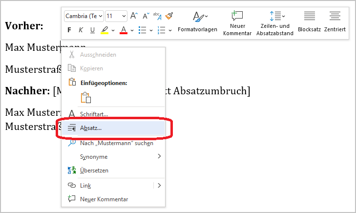 Absatz Word Bei Word Sätze/Wörter untereinander