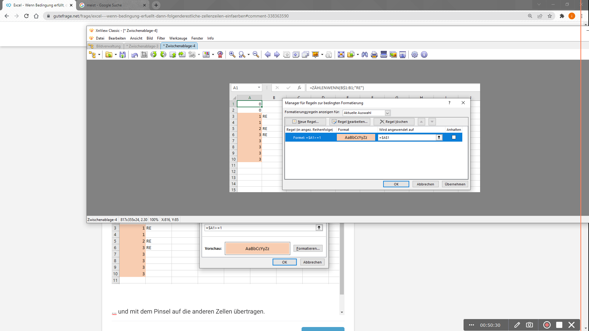 Excel - Wenn Bedingung erfüllt, dann folgende/restliche Zellen/Zeilen ...