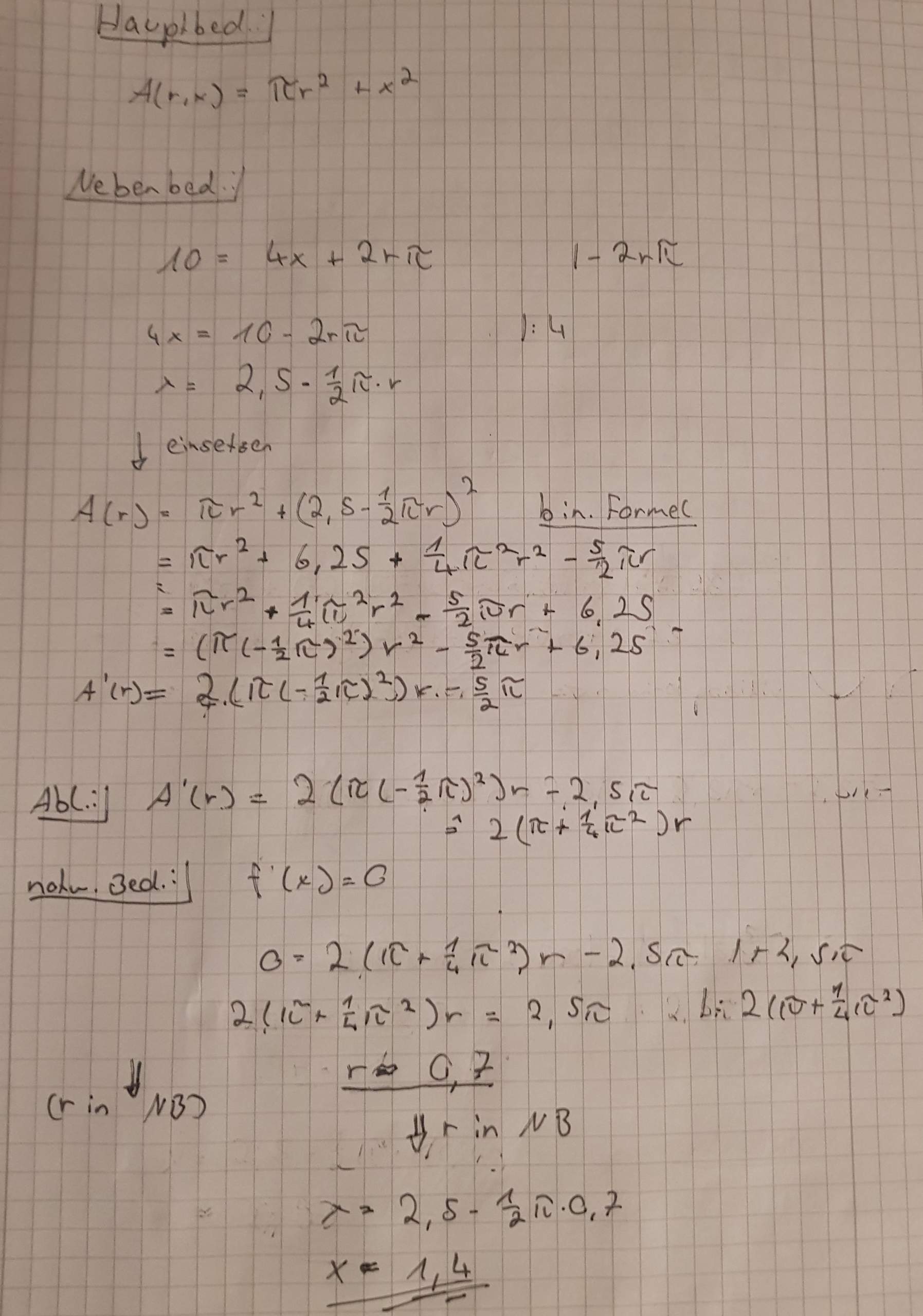Ein Gärtner besitzt 10m Umrandungssteine. Welche Maße müssen r und x