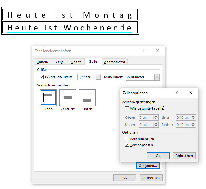 Blocksatz in Tabellenzellen ohne Zeilenumbruch (MS Word 2013