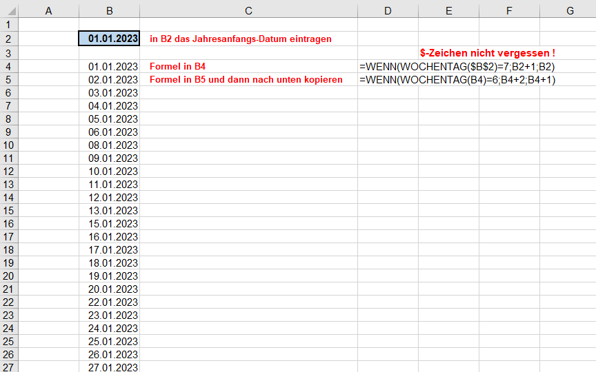 Excel fortlaufendes datum über 365 Tabellen ohne Samstag? (Formel