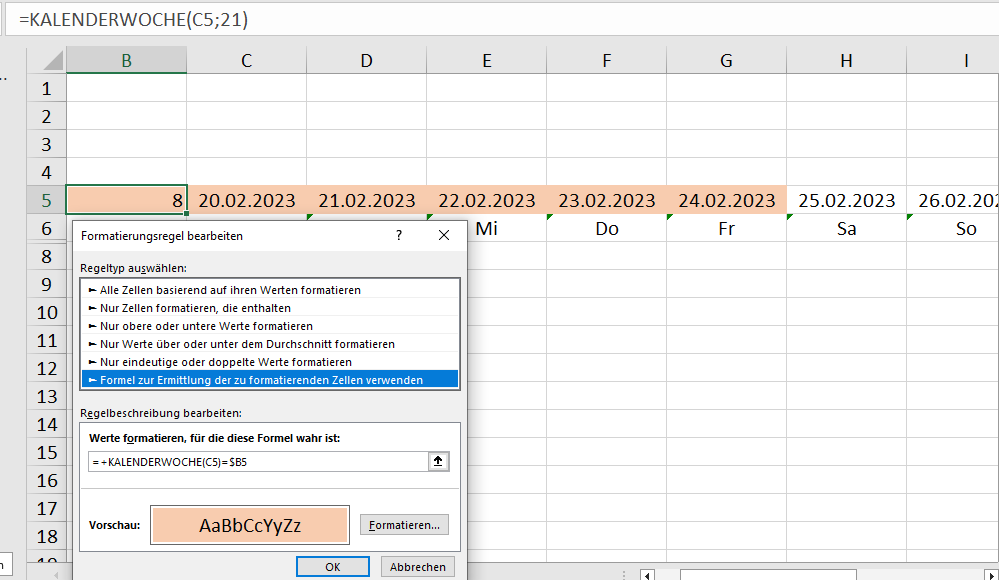 Excel Kalederwoche mehrere Zellen markieren? (Formel, Microsoft Excel, Office 365)