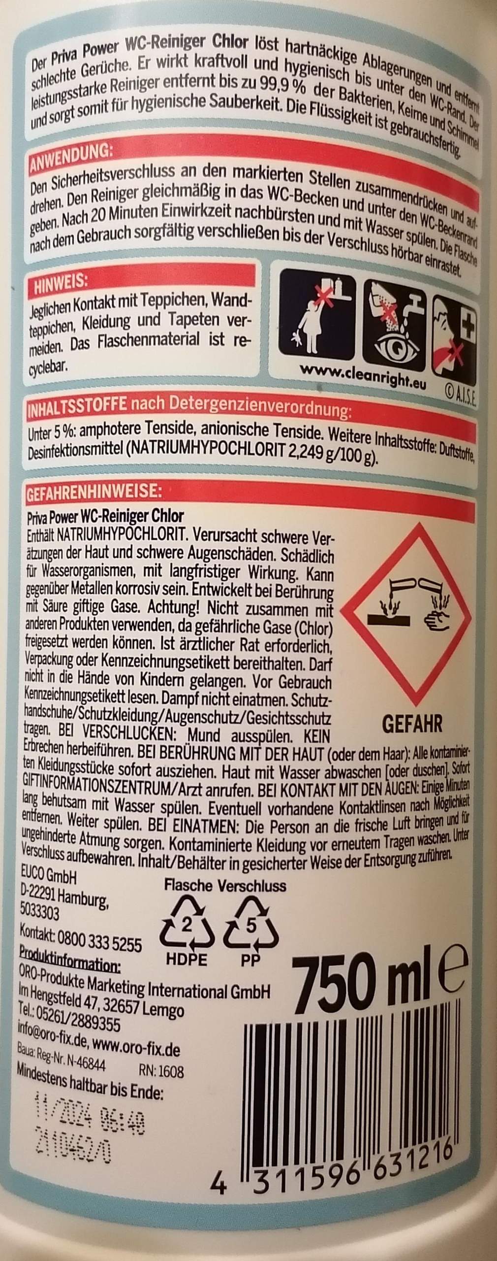 Salzsäure (2530) zum WC reinigen greift die Säure die nachfolgenden Rohre und Dichtungen an