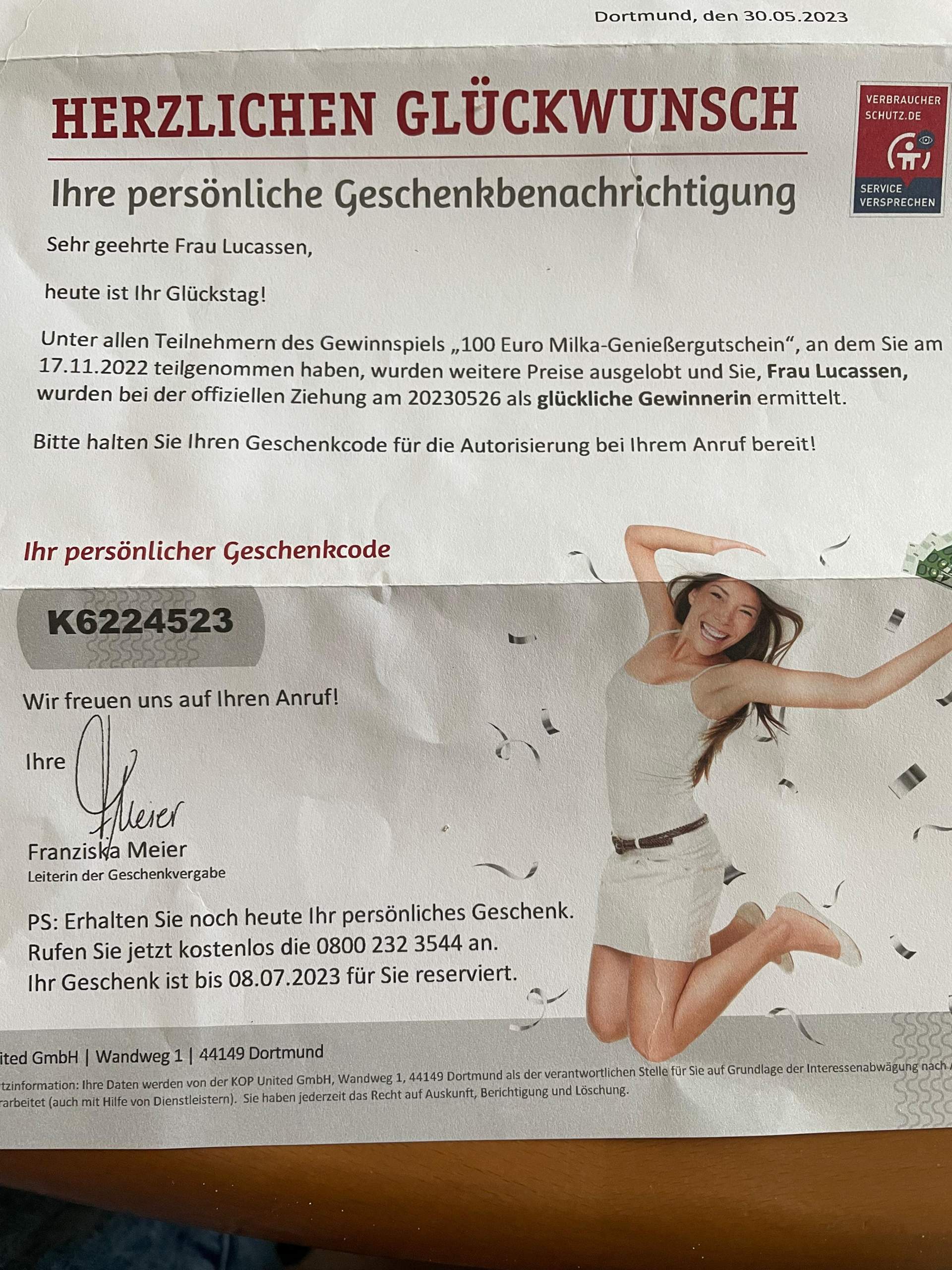 Gewinnspiel seriös? Firma kop United GmbH Dortmund?