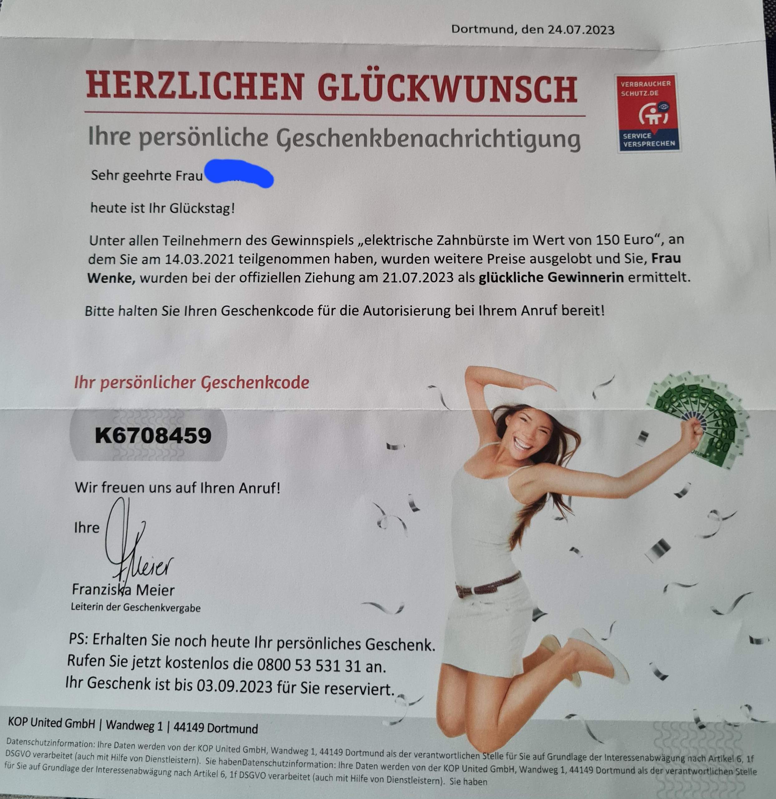 Gewinnspiel seriös? Firma kop United GmbH Dortmund?