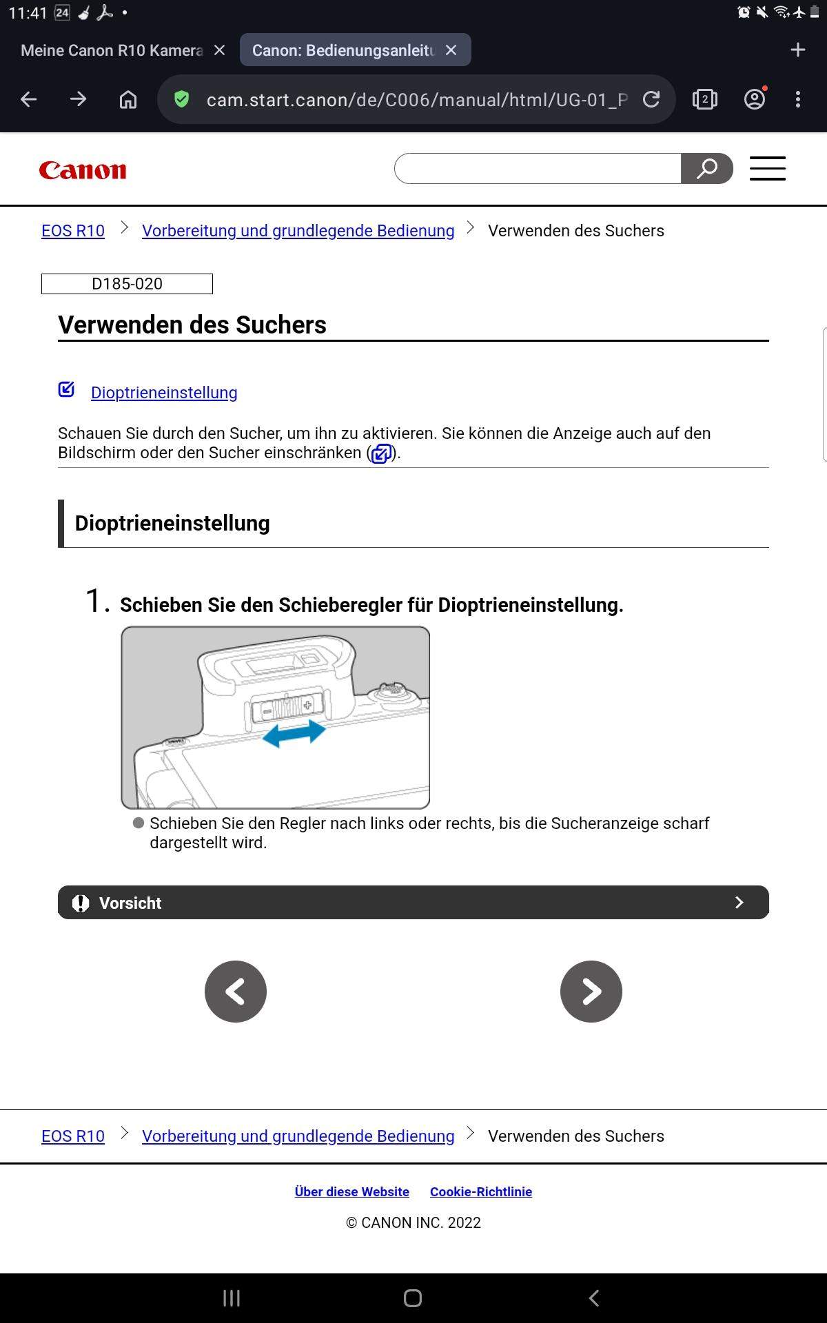 Meine Canon R10 Kamera stellt das Sucherbild nicht mehr scharf, wie
