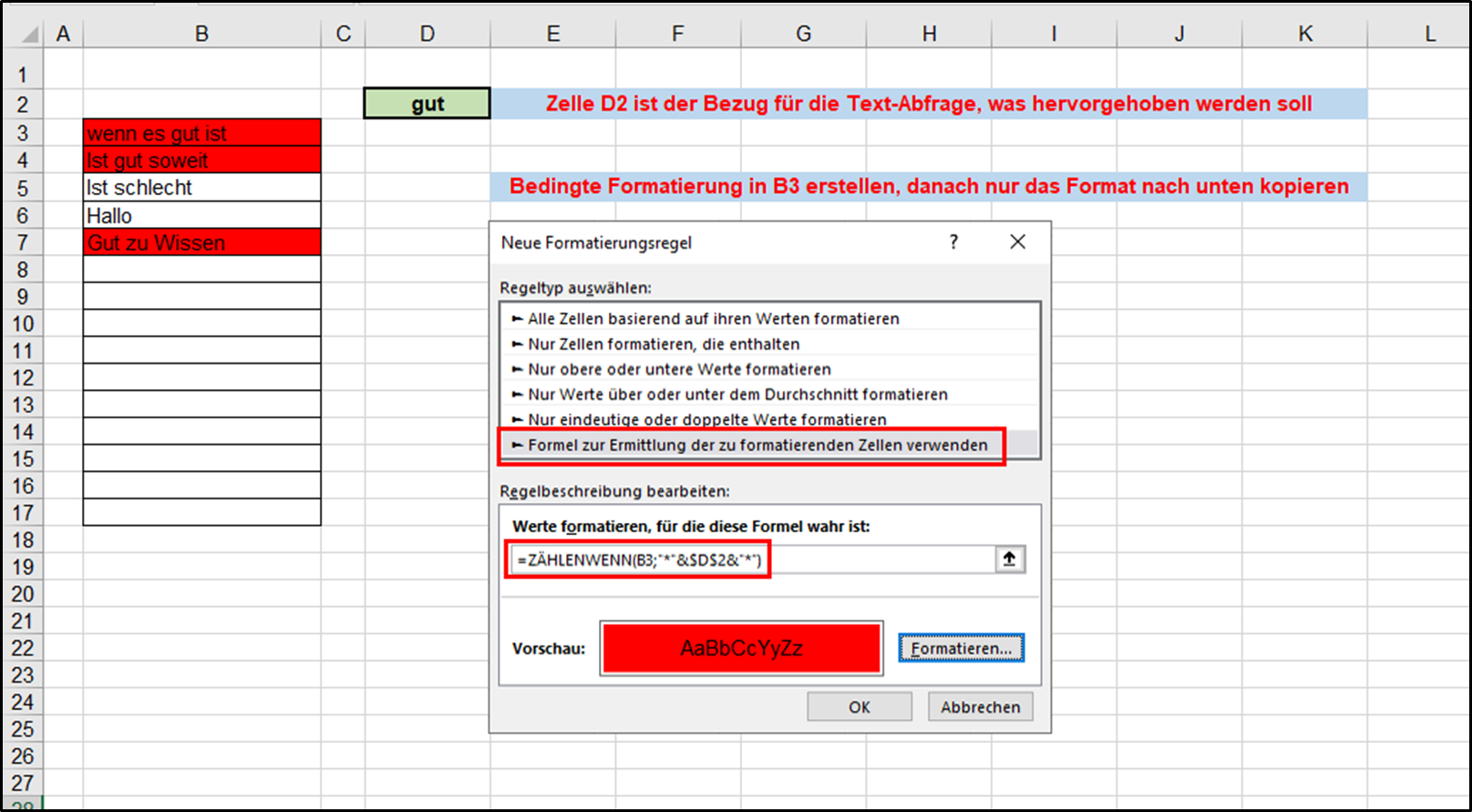 Bedingte formatierung in excel 