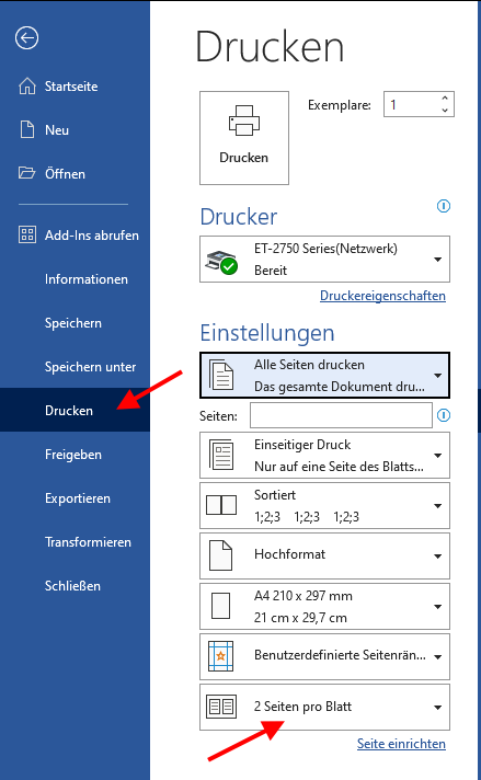 Openoffice 2 Seiten Auf Ein Blatt Wie kann ich bei Word auf einer DIN A4 Seite zwei Seiten drucken