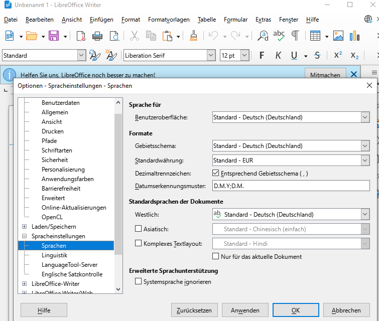 Wie stelle ich Open Office 4 . 1 . 15 wieder auf deutsch ein? (Windows