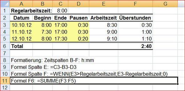 Überstunden berechnen - (Microsoft Excel, Formel, Überstunden)