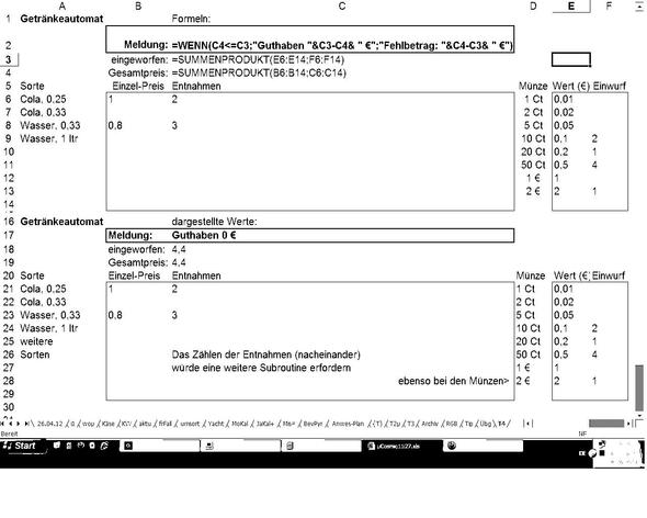 Excel-Formelschema Getränkeautomat - (Microsoft Excel, Tabellenkalkulation, getränkeautomat)