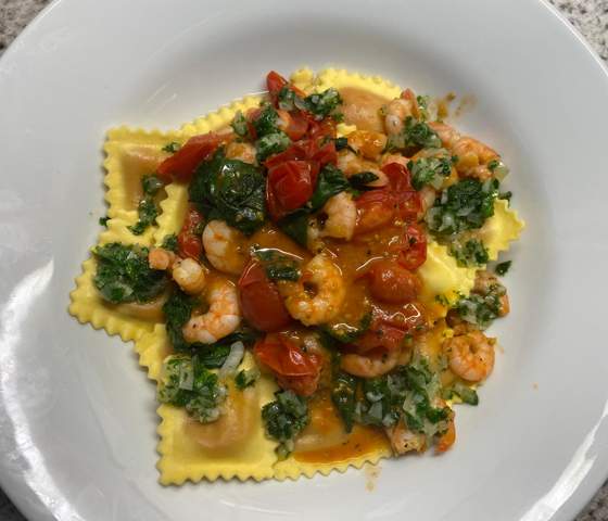 - (lecker, scampi)