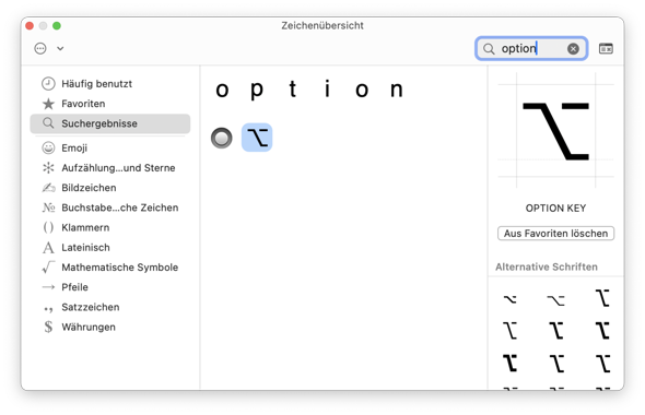 Wie erzeuge ich am Mac das alt-Symbol? (Apple, Zeichen, Tastaturbelegung)