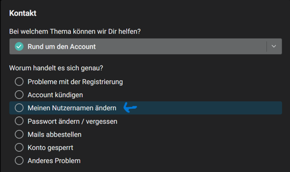 - (Support, Namensänderung, Nutzername)
