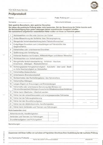 tüv- prüfprotokoll - (PKW, Führerscheinklasse B, Führerscheinprüfung)