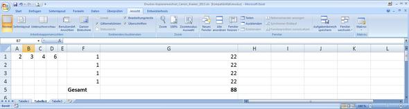 So siehts aus, wenn die Zellen A1 bis D1 alle eine (beliebige) Zahl enthalten. - (Formel, Microsoft Excel, Tabelle)